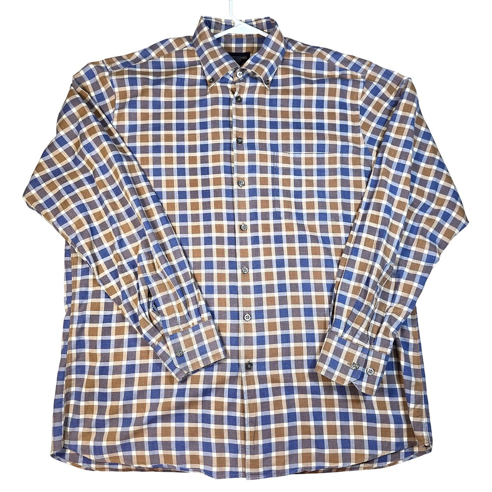 Scott Barber Mens XL Blue Brown‎ Plaid Cotton Button Down Shirt Long Sleeve L/S